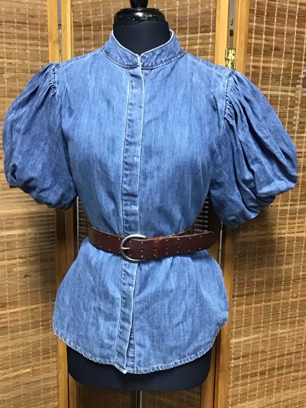 100% cotton, Light Blue Denim Puff-Sleeve Blouse with Stand Collar